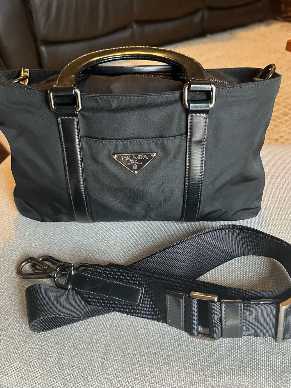 Prada Black Nylon Tote Bag with Detachable Strap
